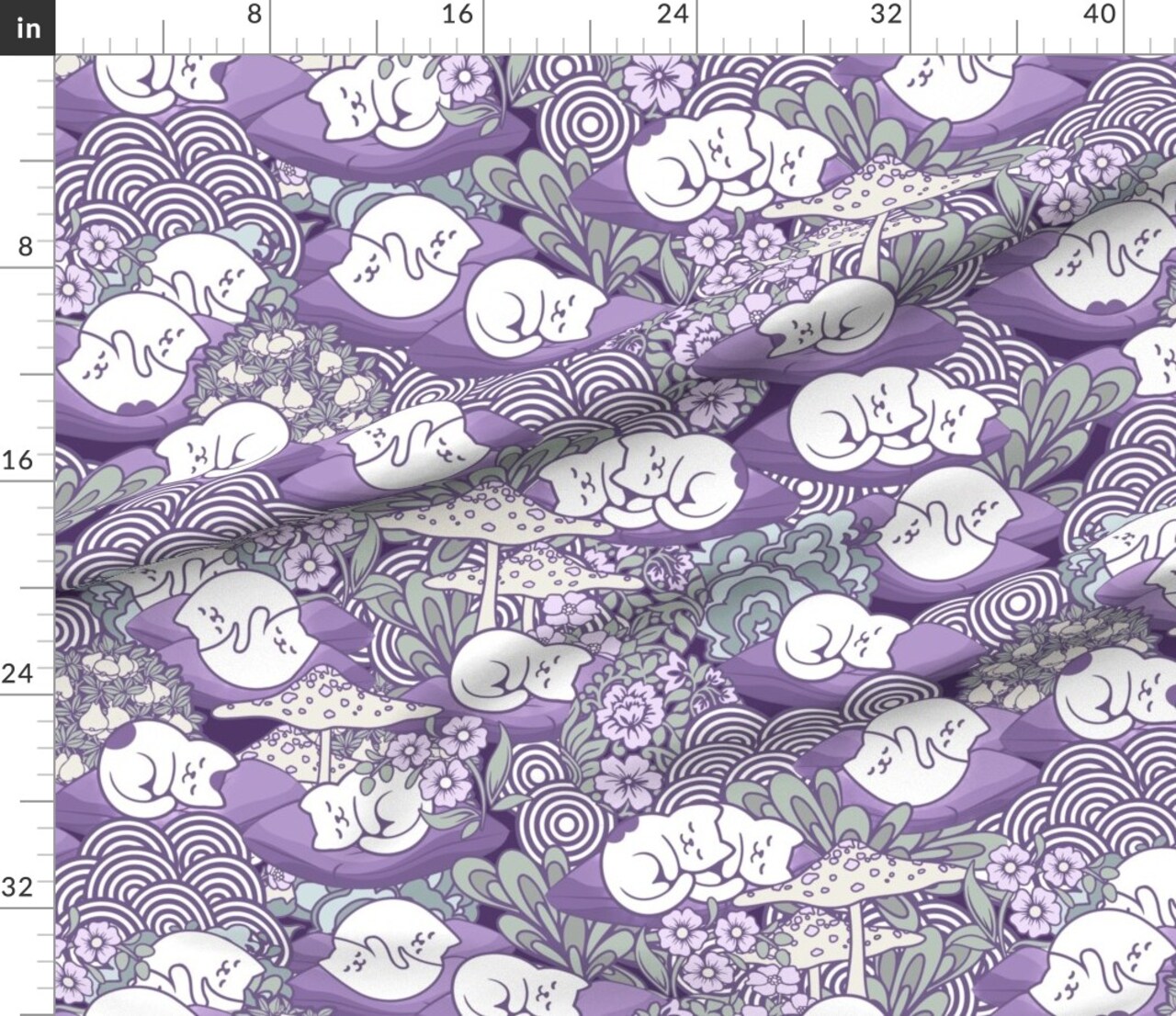 Sleeping Cats Whimsical Purple Gray Toadstools Kawaii Kittens Custom Printed Fabric by Spoonflower Various Fabrics by the Yard or Fat Quarter